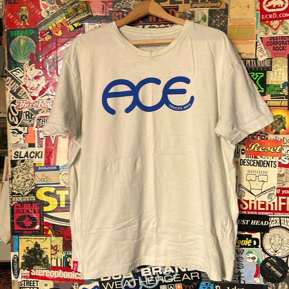 Ace Trucks skate T-shirt in white with royal blue logo; XL